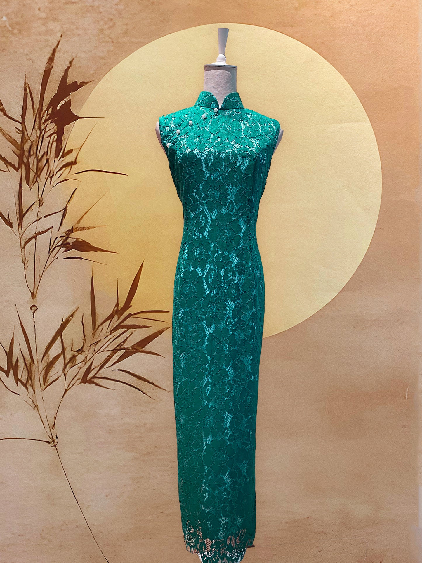 Green Lace with Light Blue Lining Cheongsam