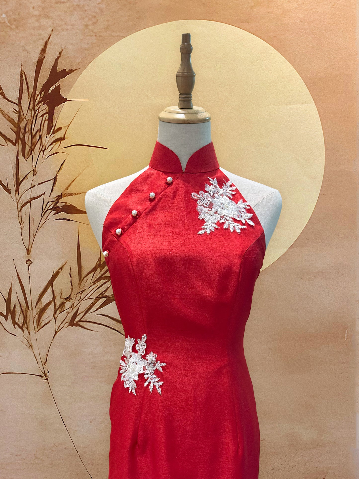 Red Thai Silk with White Floral Embroidery Cheongsam