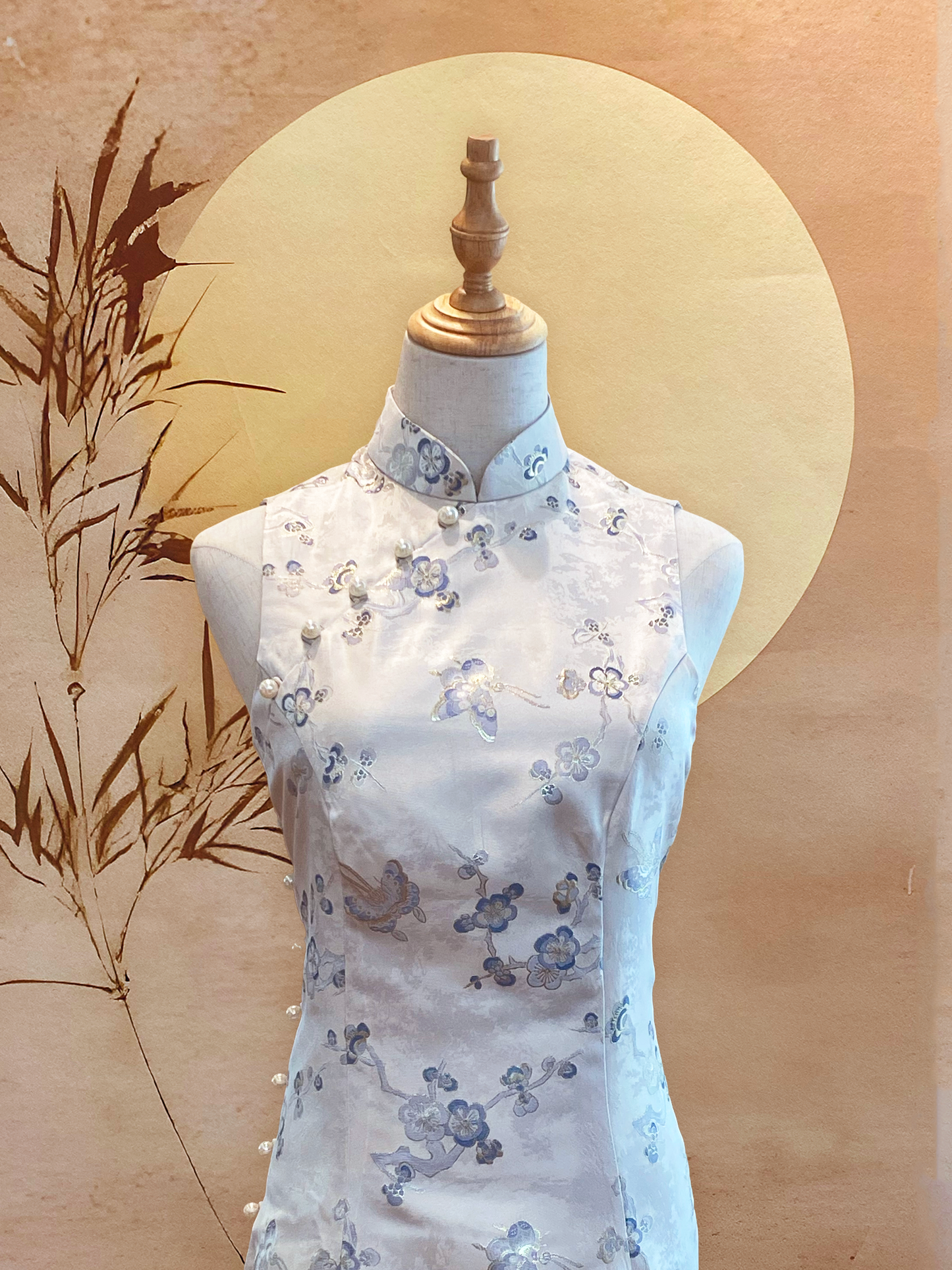 Blue and White Cherry Blossom Jacquard Cheongsam