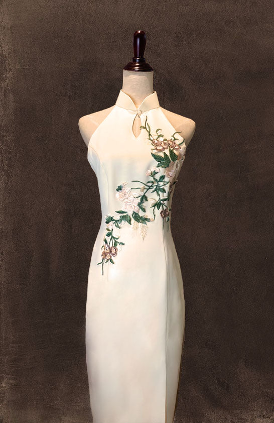 Butter Yellow Halter Cut Cheongsam with Peep Hole