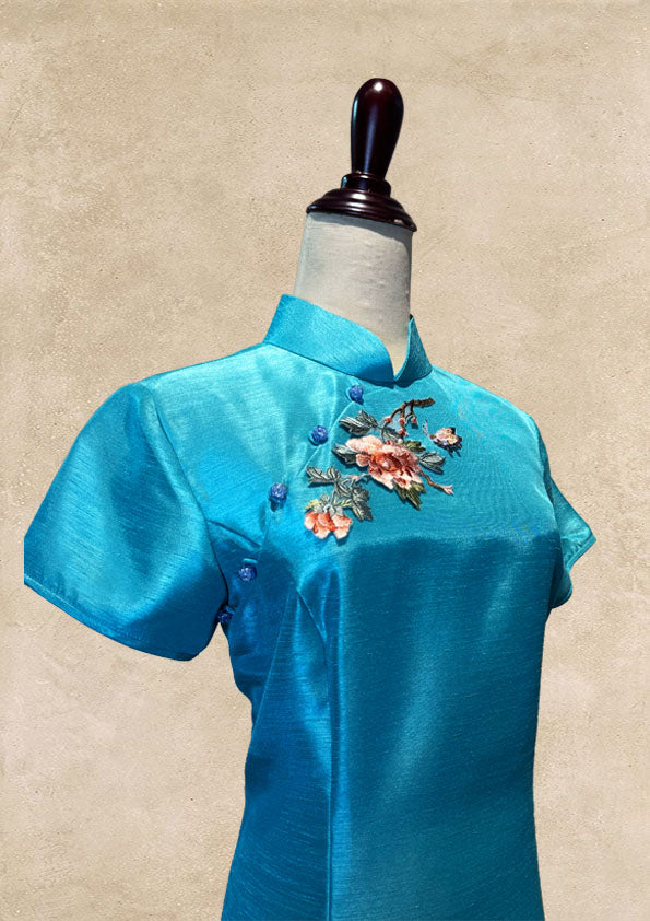 Blue Thai Silk Cheongsam With Cap Sleeves