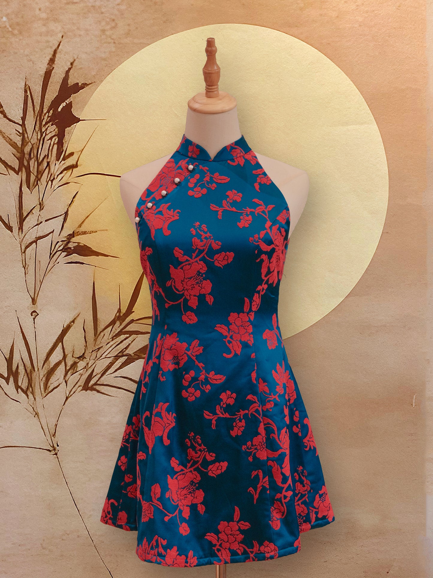 Blue and Red Jacquard Modern Flare Cheongsam