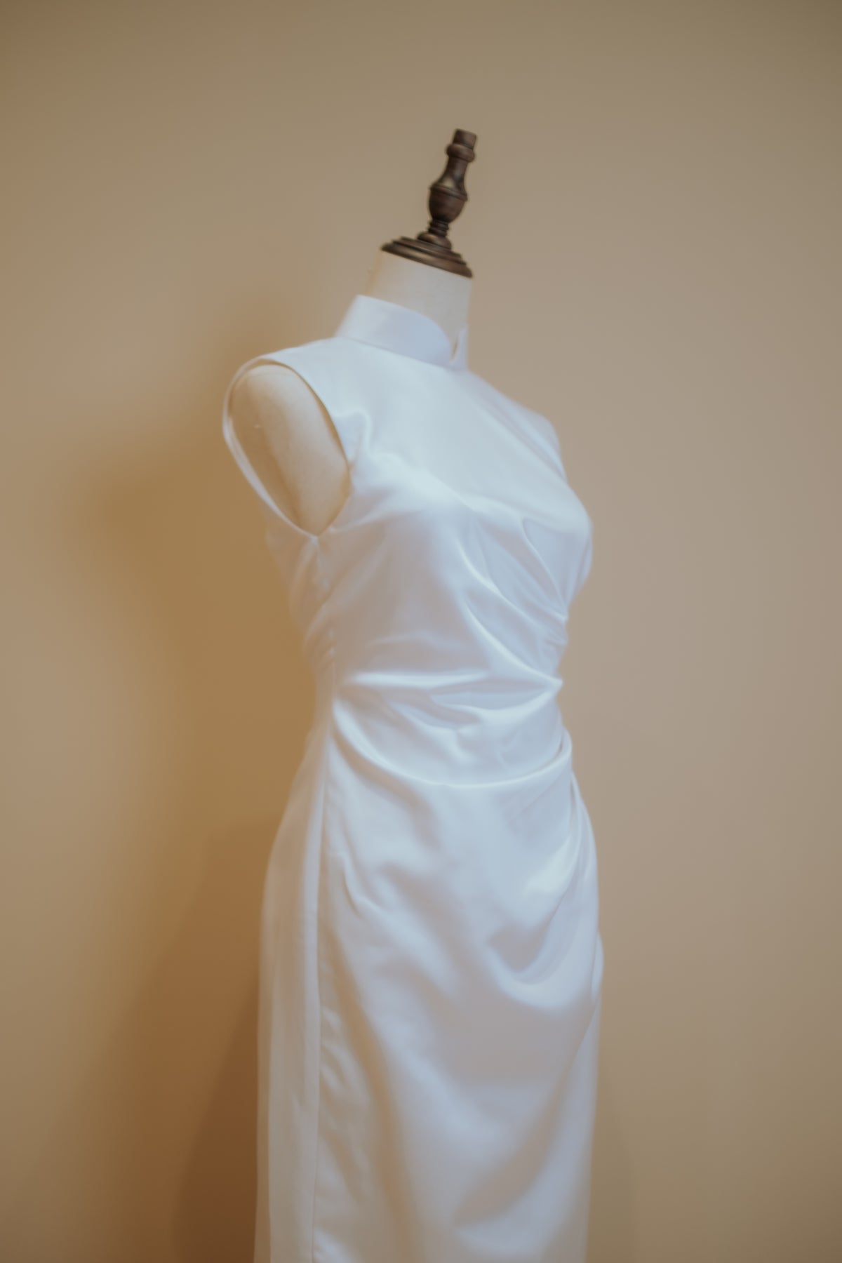 White Duchess Satin Cheongsam with Side Ruching