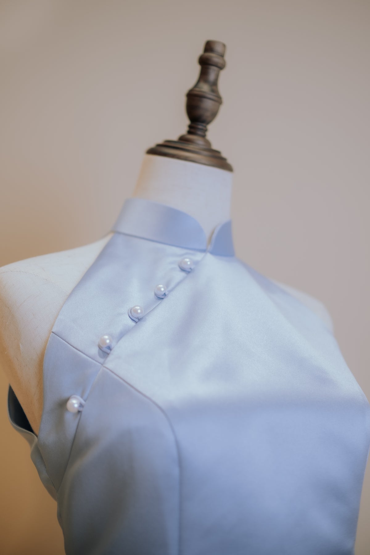 Blue Duchess Satin Cheongsam With Pearls