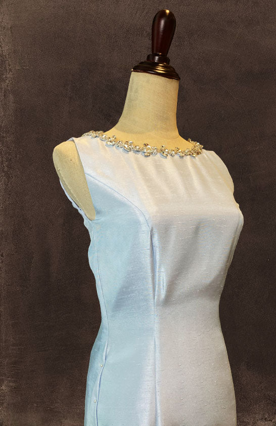 Lavender blue mermaid dress with bejewelled necklines