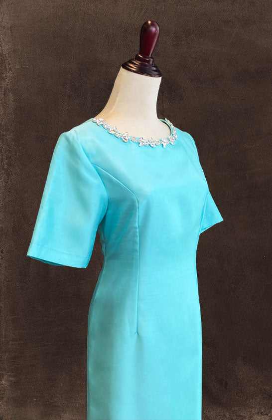 Mint Green Round Neck Thai Silks With Bejewelled Neckline