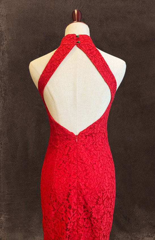 Red Lace Halter Cut Diamond Back Cheongsams