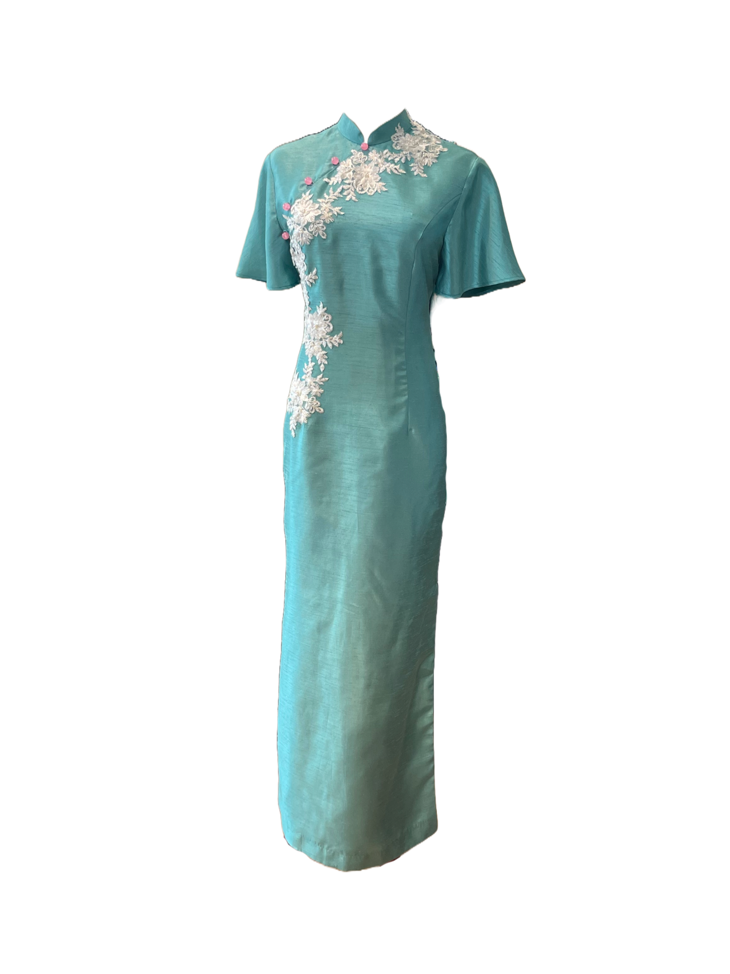 Thai Silk Cheongsam With White Floral Applique
