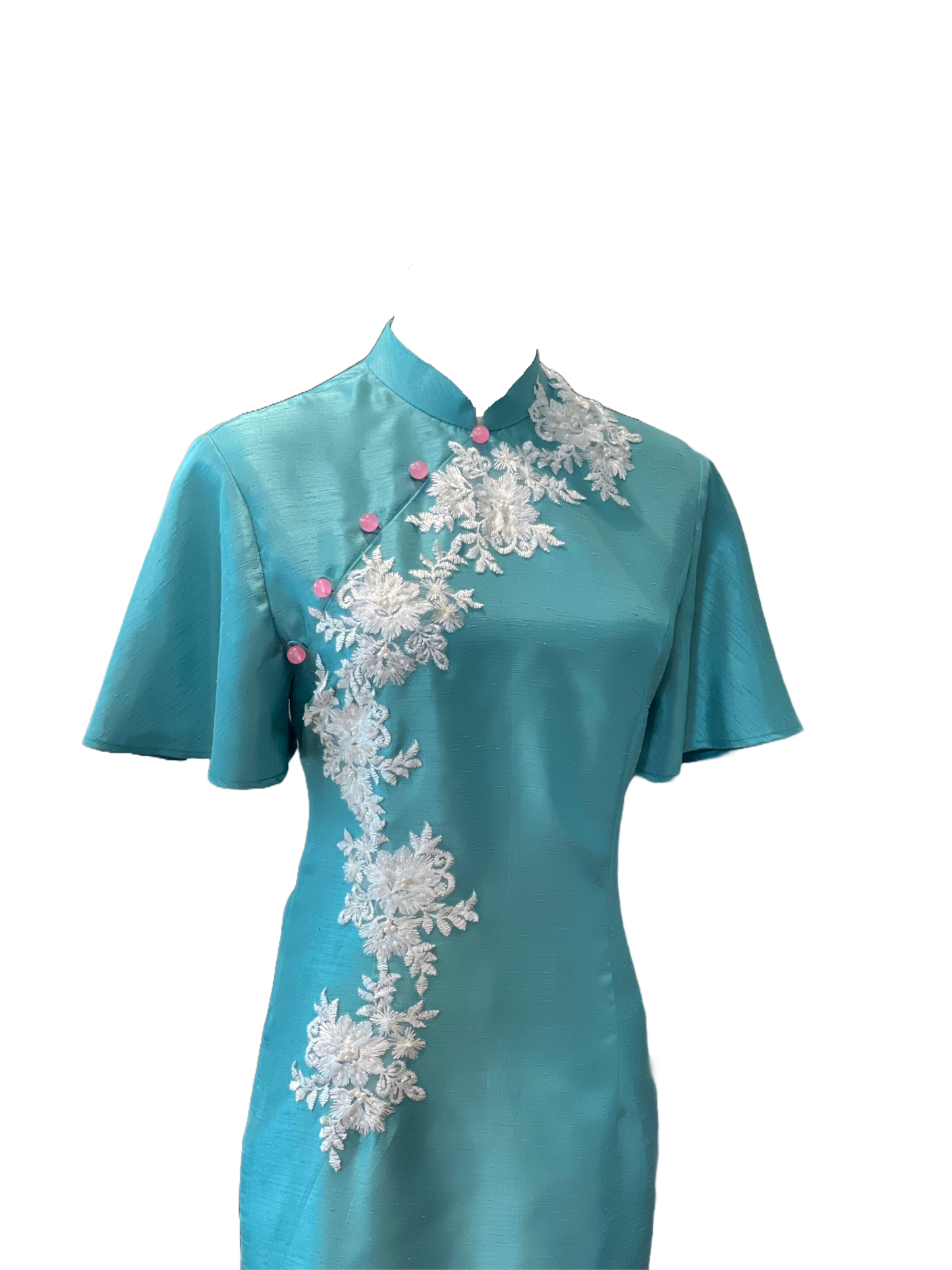 Thai Silk Cheongsam With White Floral Applique