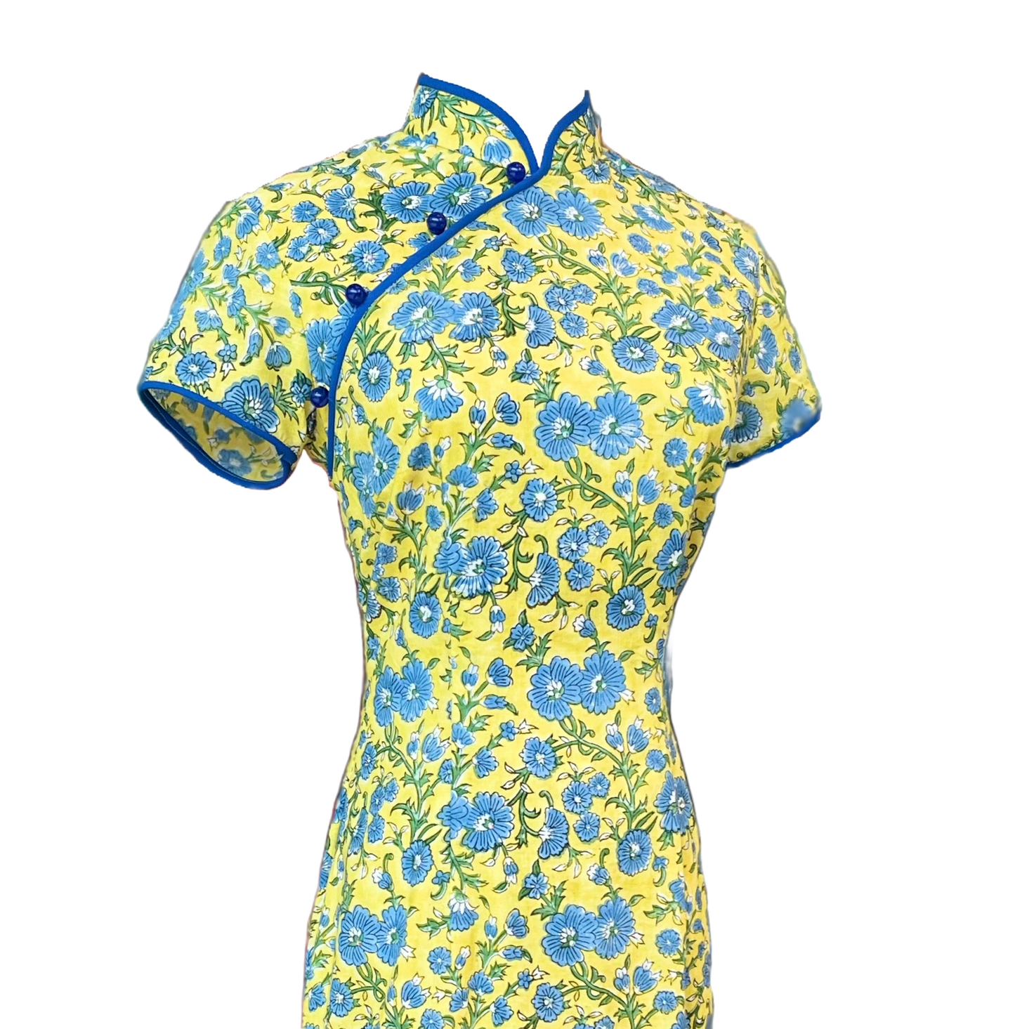 Blue and Yellow Indian Block Print Cheongsam
