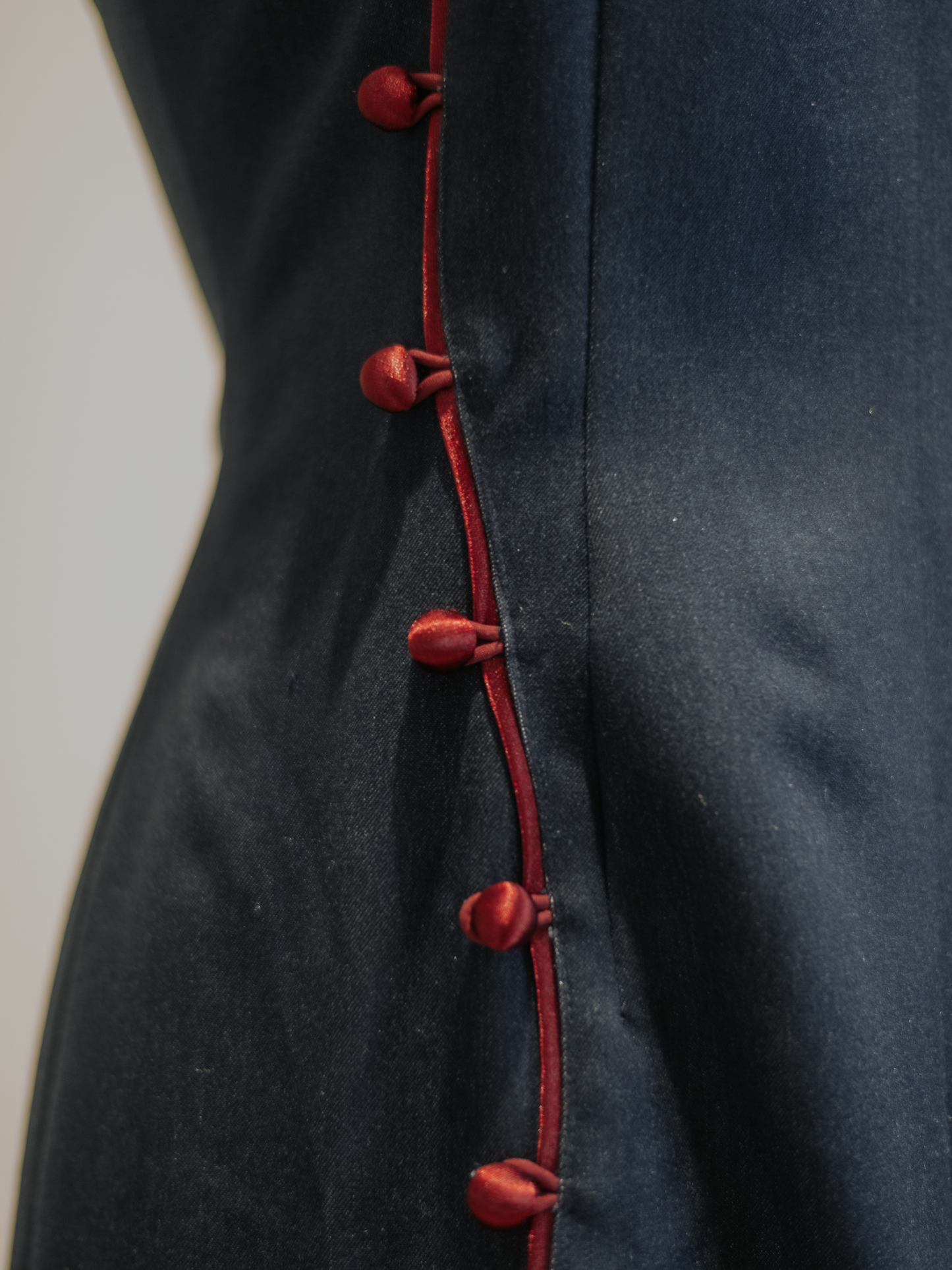 Cotton Denim S Shape Curve Design Cheongsam with Red Buttons and Trimming