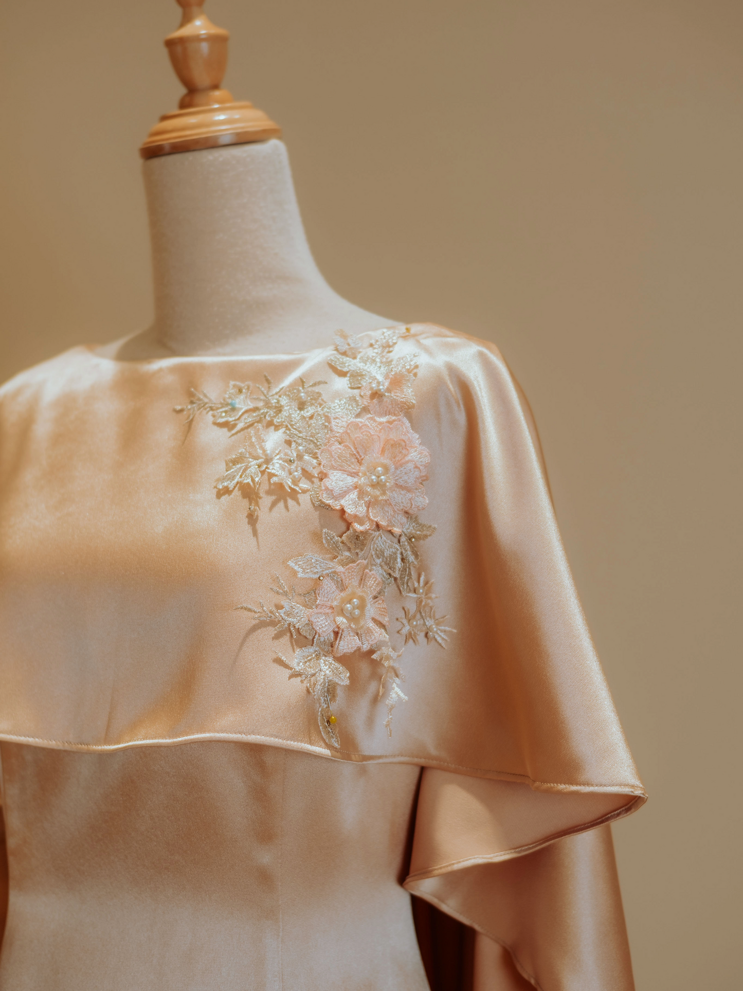 Champagne Gold Duchess Satin With Attached Shawl Mermaid Cut Gown Evening Gown