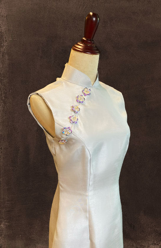 Silver Thai Silk Cheongsam with Bejewelled Button