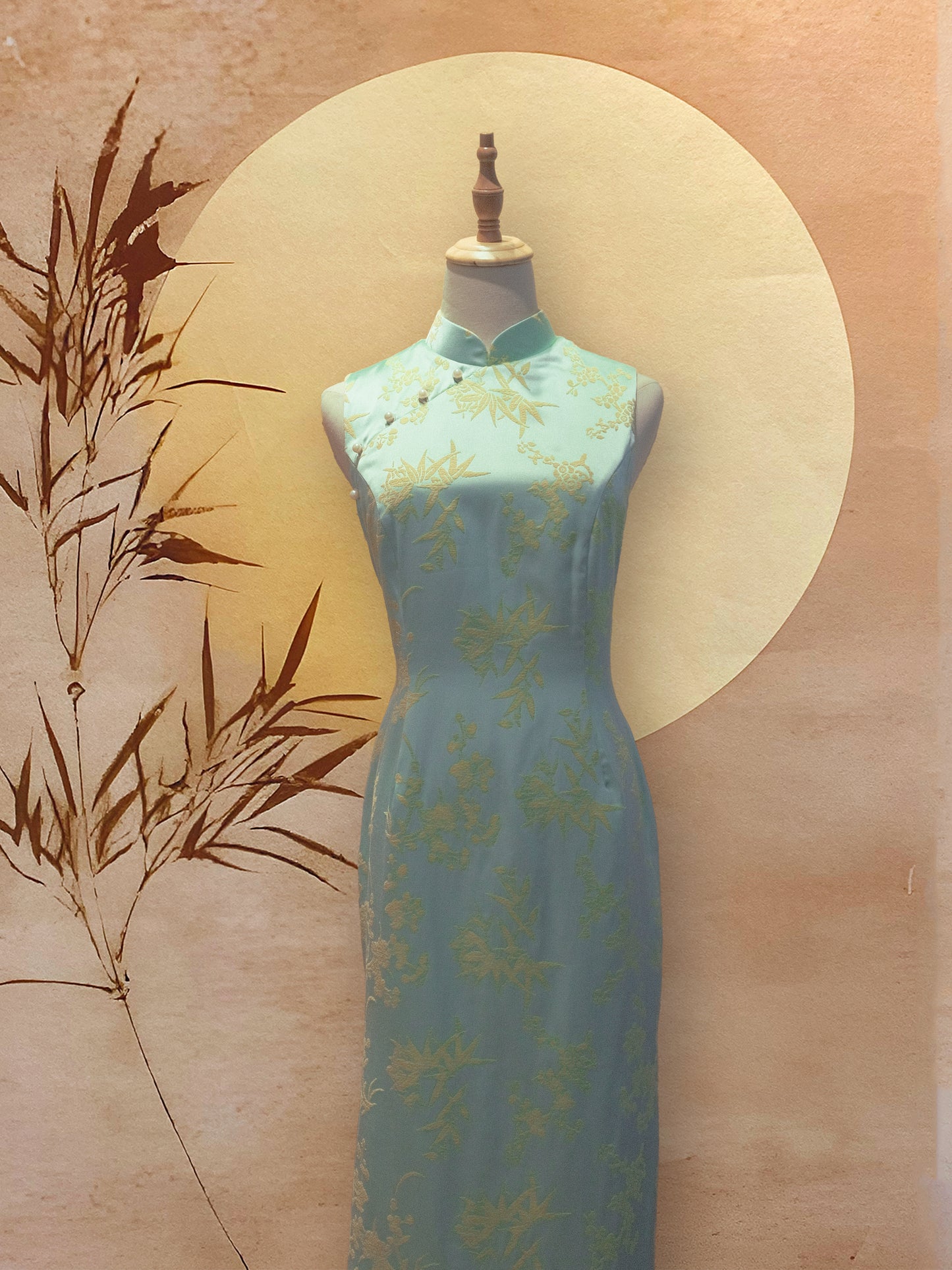 Mint Turquoise and Lime Yellow Floral Jacquard Cheongsam