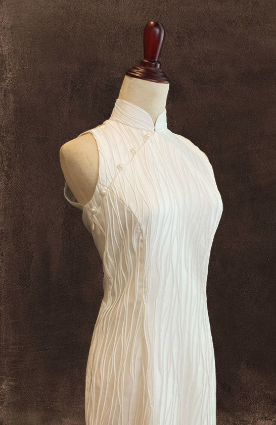 White Jacquard Cheongsam with Mesh Crescent Backs
