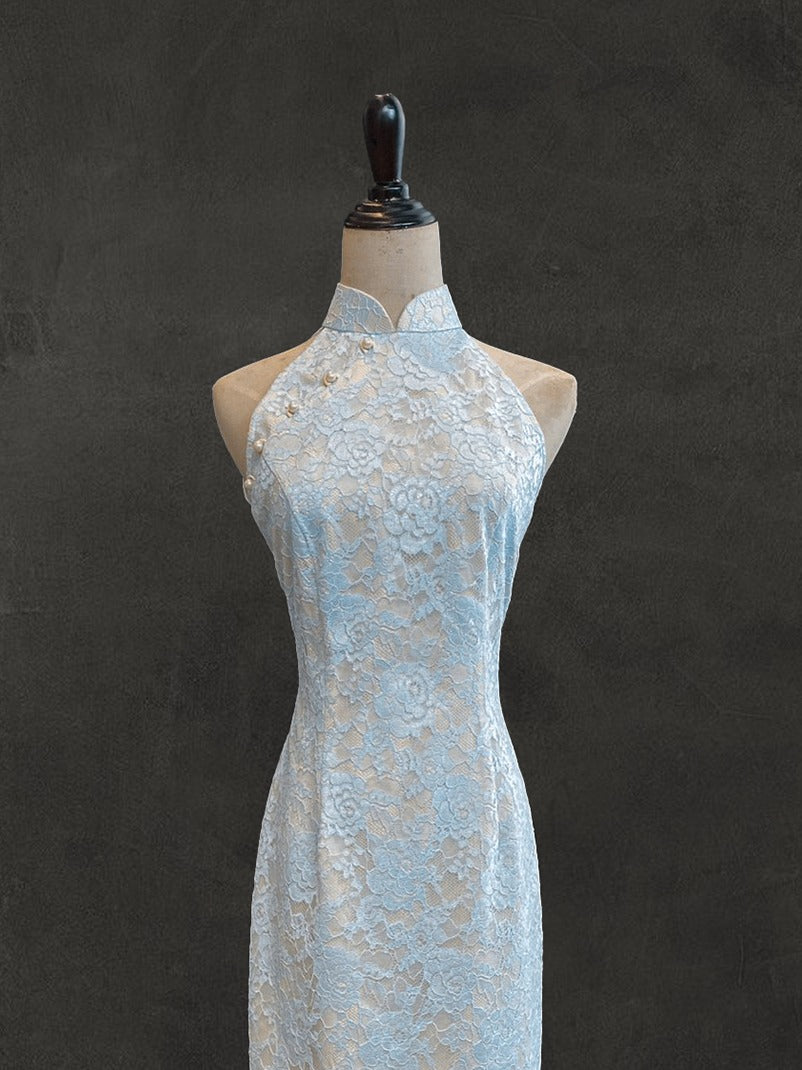 Baby Blue Lace Halter Cut Cheongsam with Yellow Lining