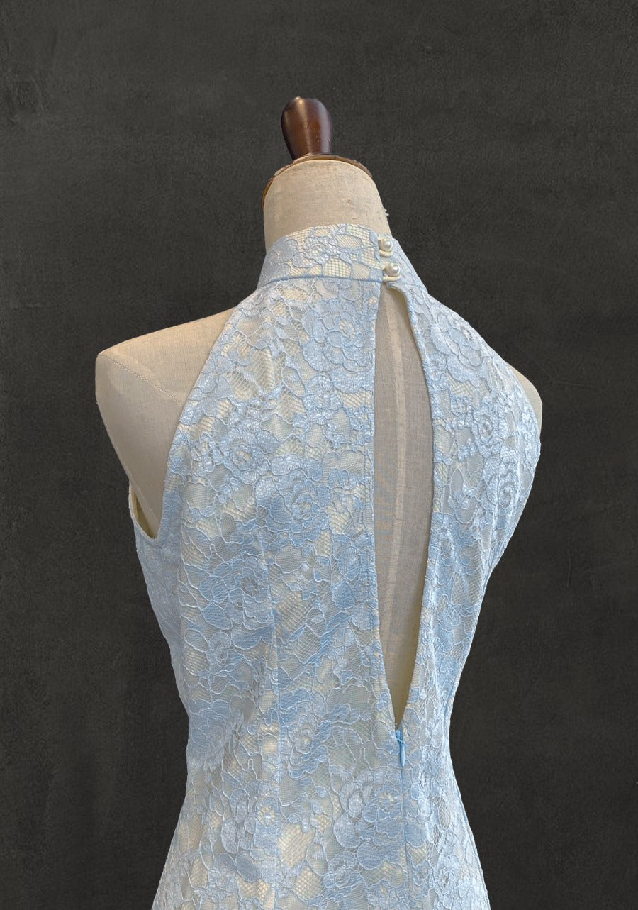 Baby Blue Lace Halter Cut Cheongsam with Yellow Lining