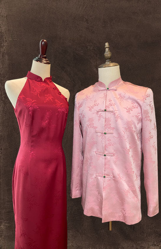 Maroon Chinese Halter Cut Cheongsam with Matching Pink Tang Shirt