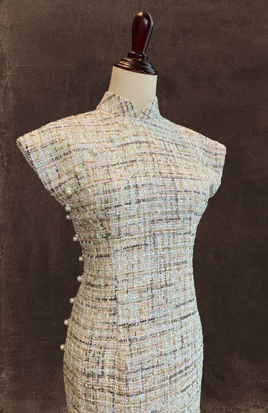 Tweed Cheongsam with Full Pearl Detailing