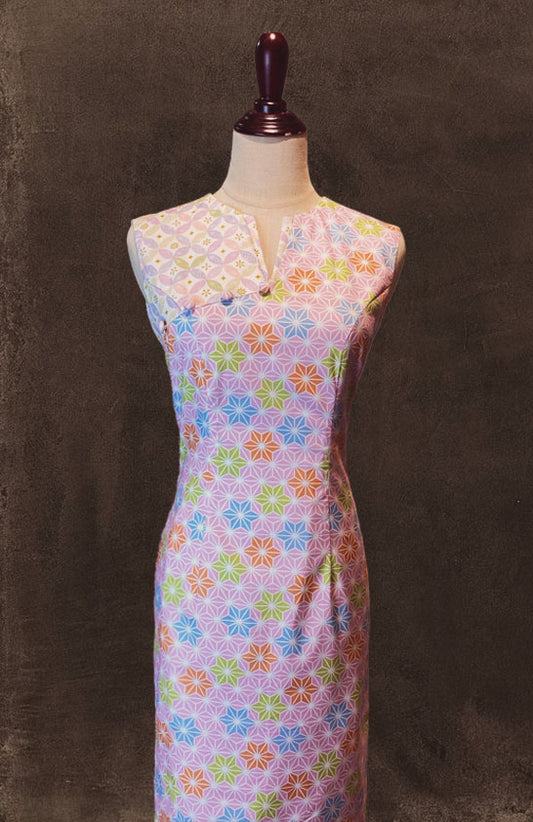 Pink Printed Sleeveless Dress with V-neck and Patchwork Detail