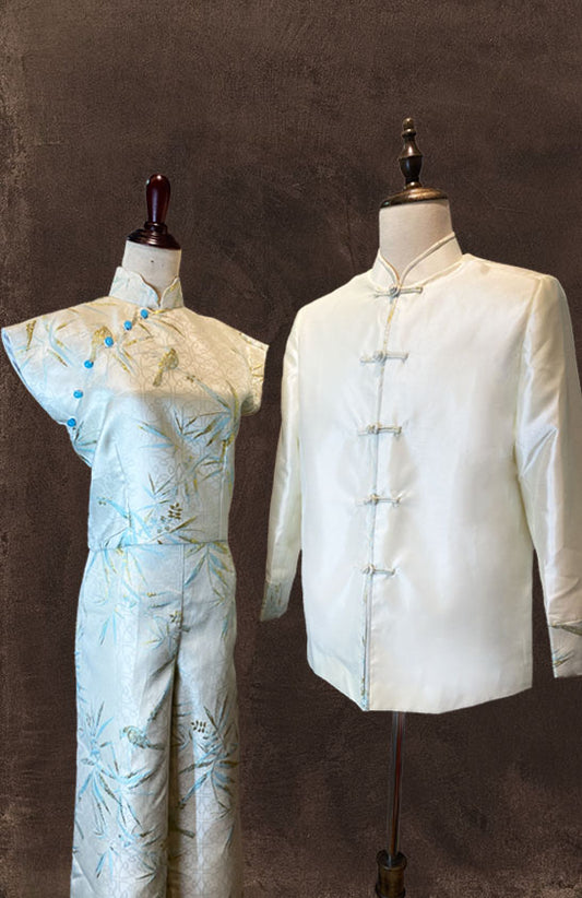 Cream Jacquard Cheongsam and Cream Thai Silk Tang Shirt with matching details