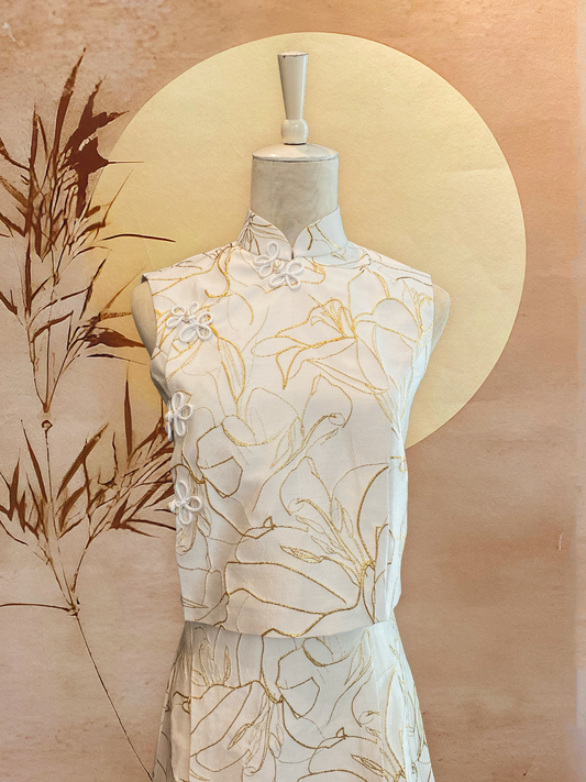 Two Piece Set Champagne and Gold Jacquard Cheongsam