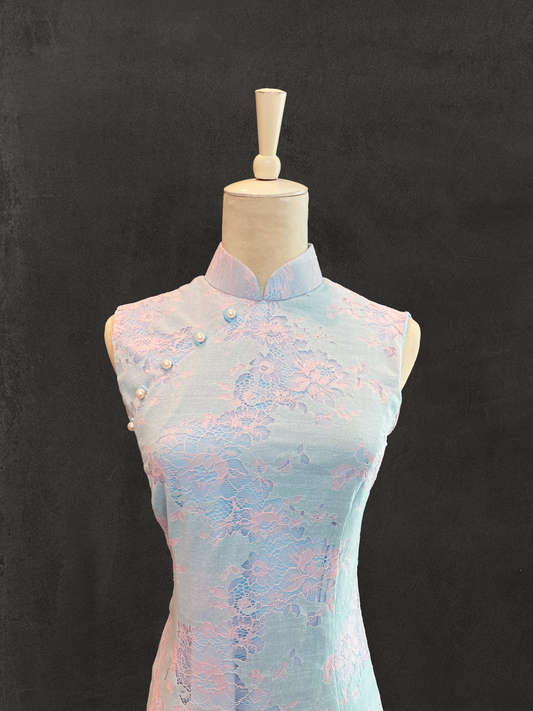 Baby Pink and Blue Lace Cheongsam with Pearl Beads