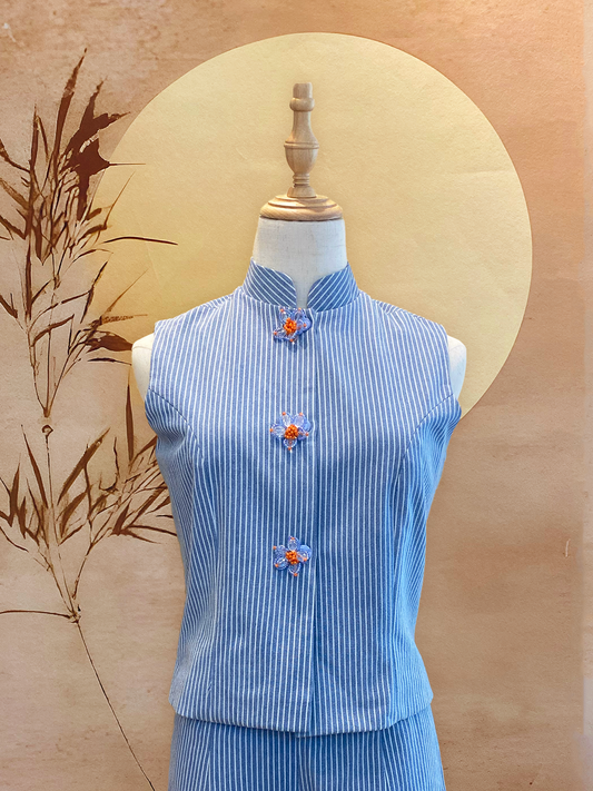 2pc Blue and White Striped Cotton Top and Pants with Floral Bead Buttons