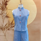 2pc Blue and White Striped Cotton Top and Pants with Floral Bead Buttons