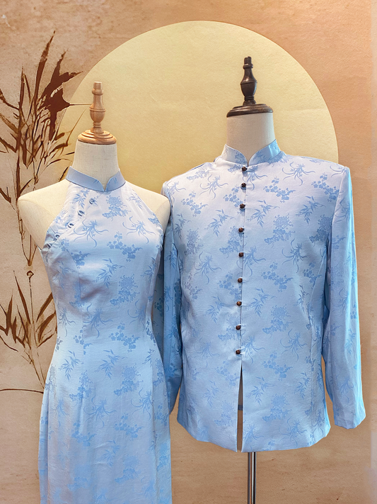 Blue Chinese Silk Couple Set - Cheongsam and Tang Shirt