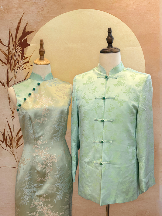 Couple Set - Green Jacquard Cheongsam and Green Chinese Silk Tang Shirt