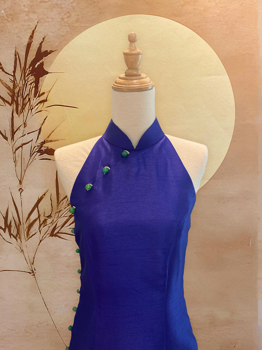 Cobalt Blue Thai Silk Cheongsam with Jade Beads