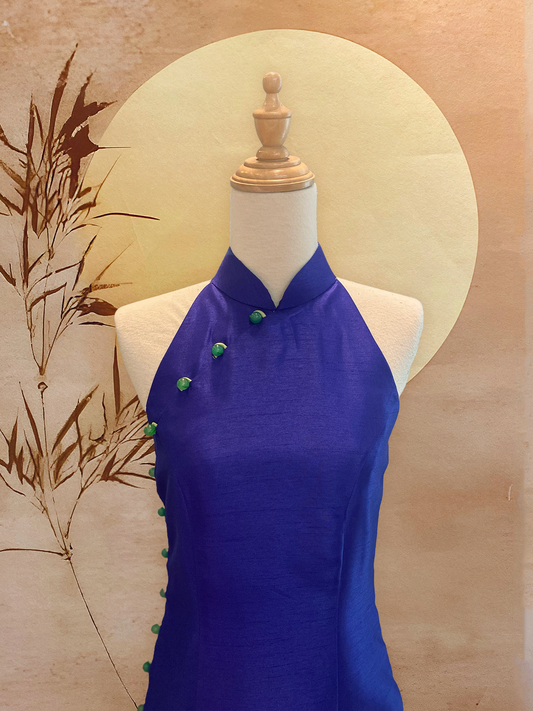 Cobalt Blue Thai Silk Cheongsam with Jade Beads