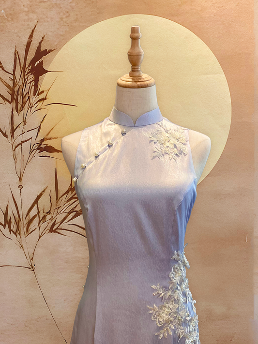 Light Blue Silk Satin Cheongsam with White Floral Applique