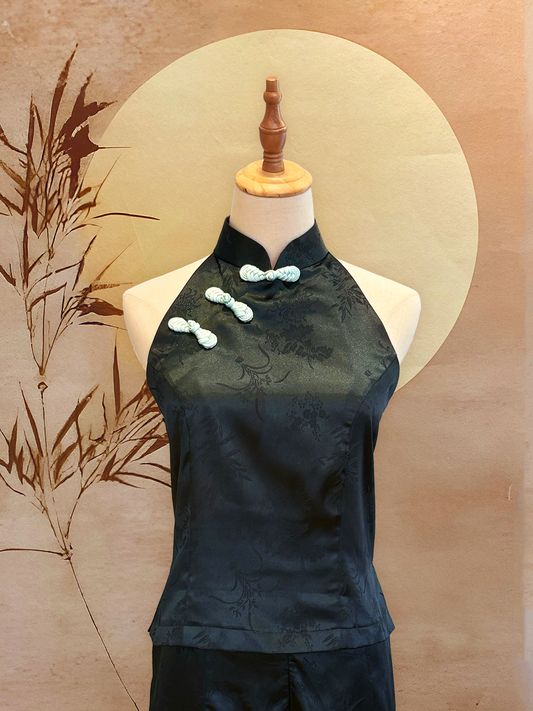 2pc Dark Green Chinese Silk Cheongsam Top and Pants