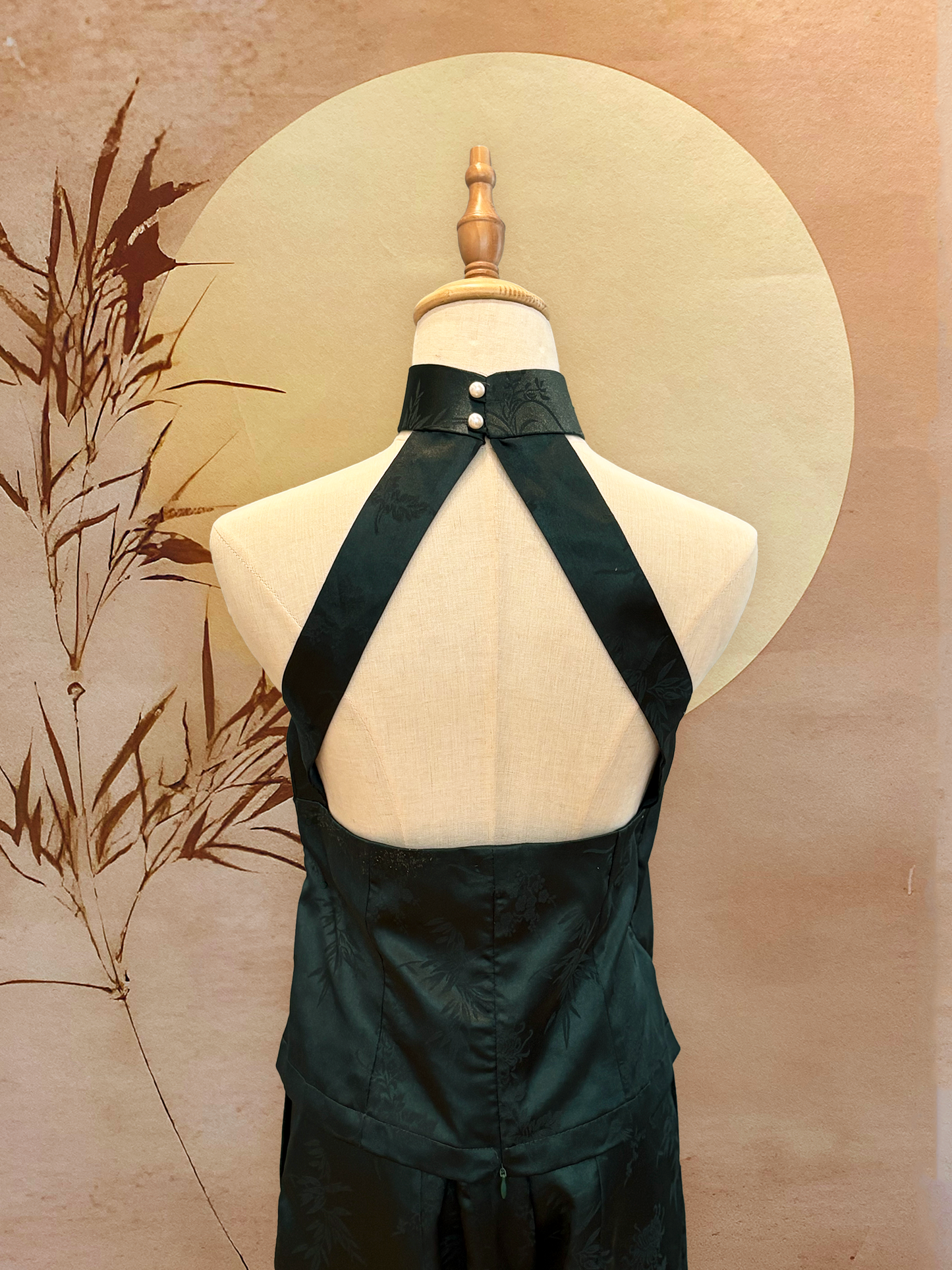 2pc Dark Green Chinese Silk Cheongsam Top and Pants