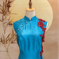 Cerulean Blue Thai Silk Cheongsam with Red Floral Applique