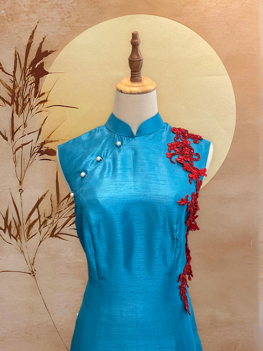 Cerulean Blue Thai Silk Cheongsam with Red Floral Applique