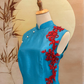 Cerulean Blue Thai Silk Cheongsam with Red Floral Applique