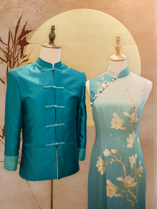 Couple Set - Teal Thai Silk Tang Shirt and Printed Satin Cheongsam