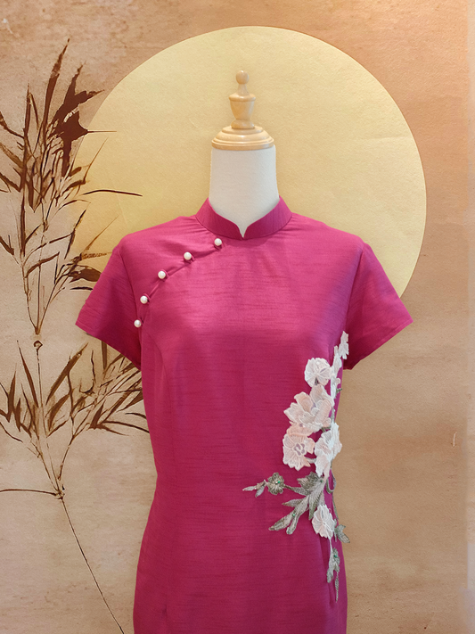 Fuchsia Pink Thai Silk Cheongsam with White Floral Applique