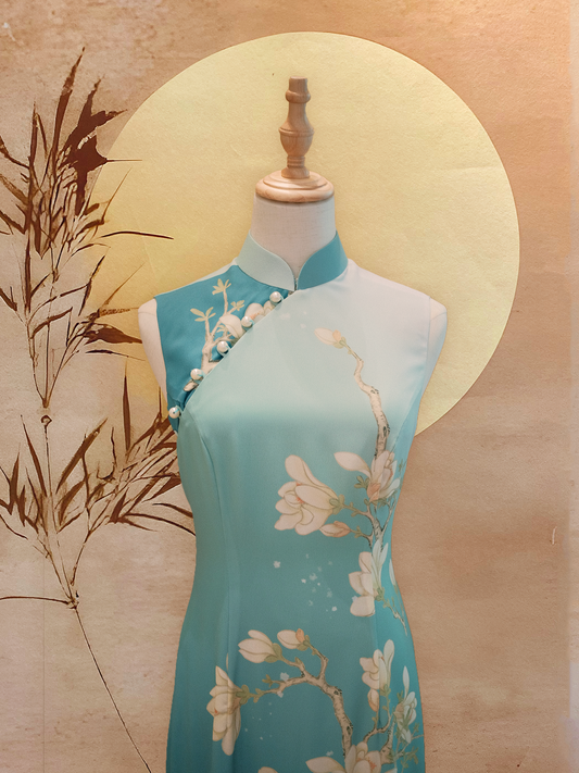 Turquoise Printed Satin Cheongsam