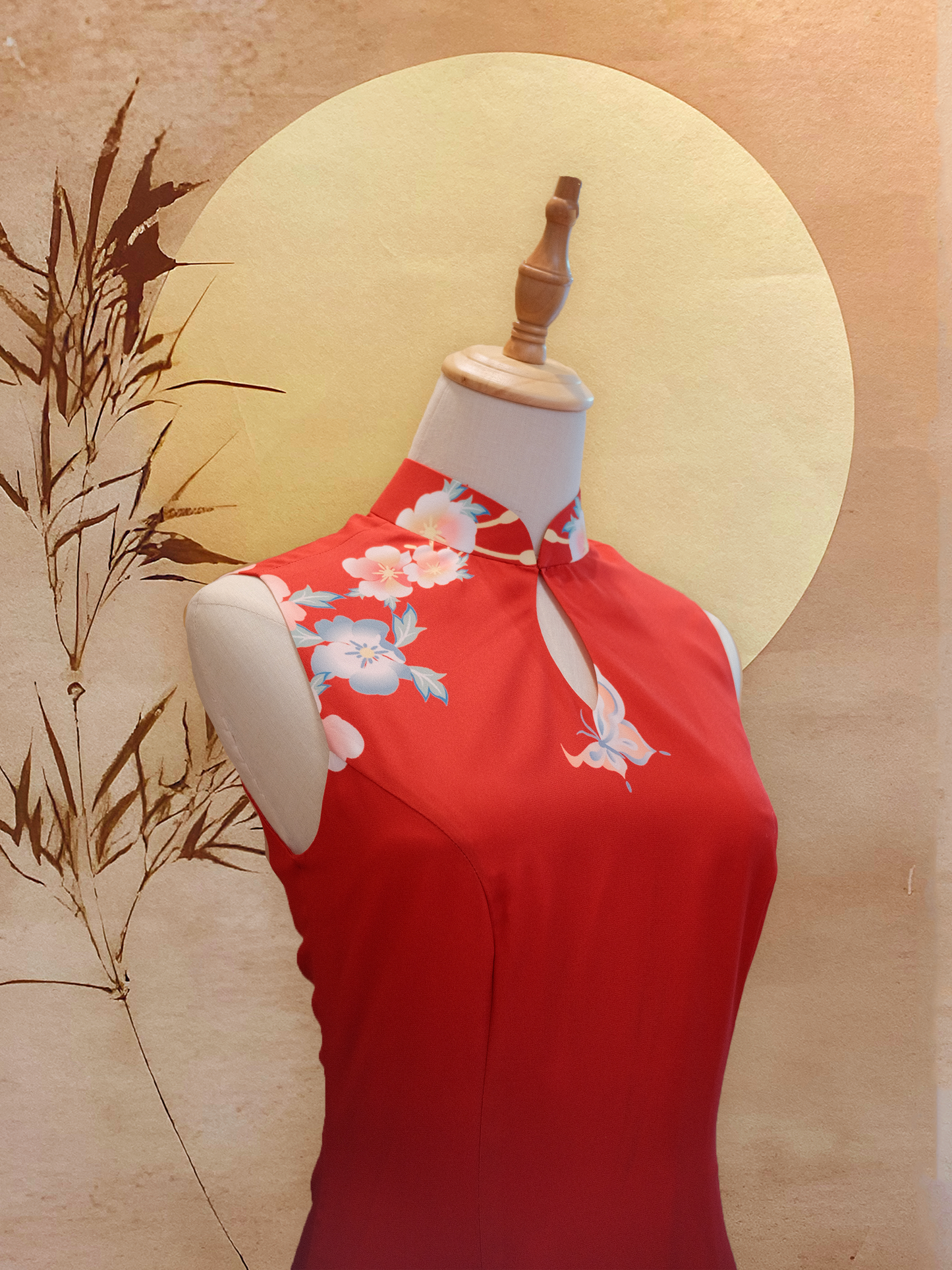 Red Printed Satin Cheongsam