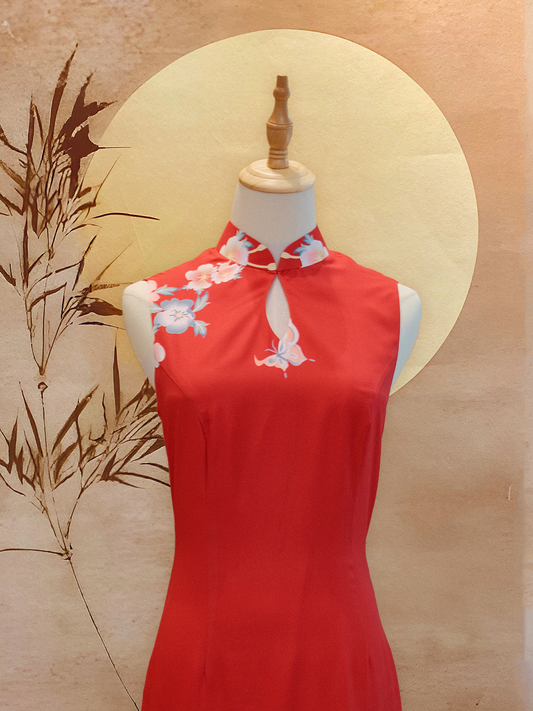 Red Printed Satin Cheongsam