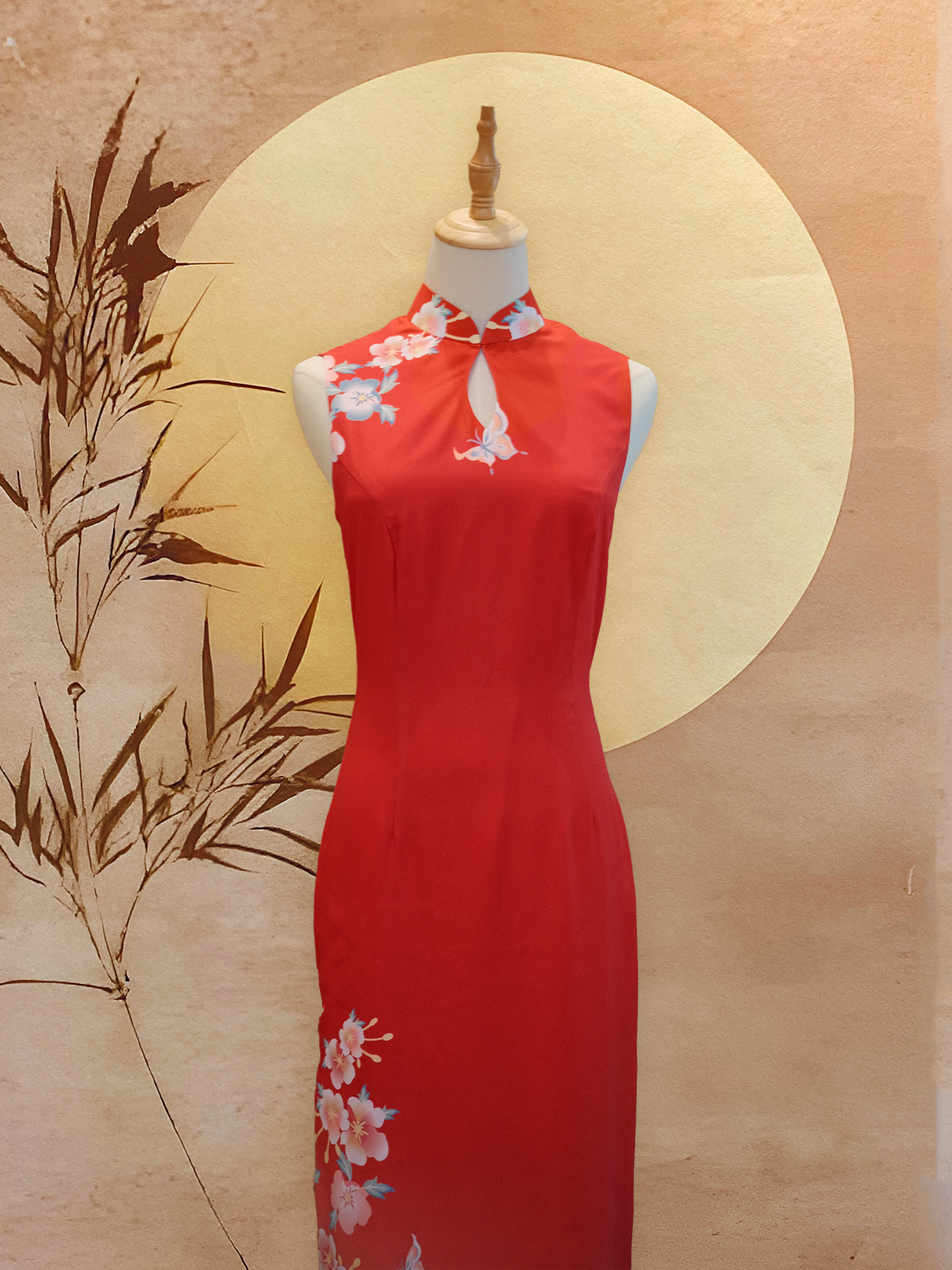 Red Printed Satin Cheongsam