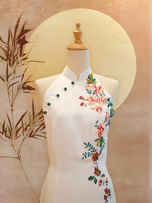 White Duchess Satin Mermaid-cut Dress with Red Floral Applique