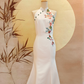 White Duchess Satin Mermaid-cut Dress with Red Floral Applique