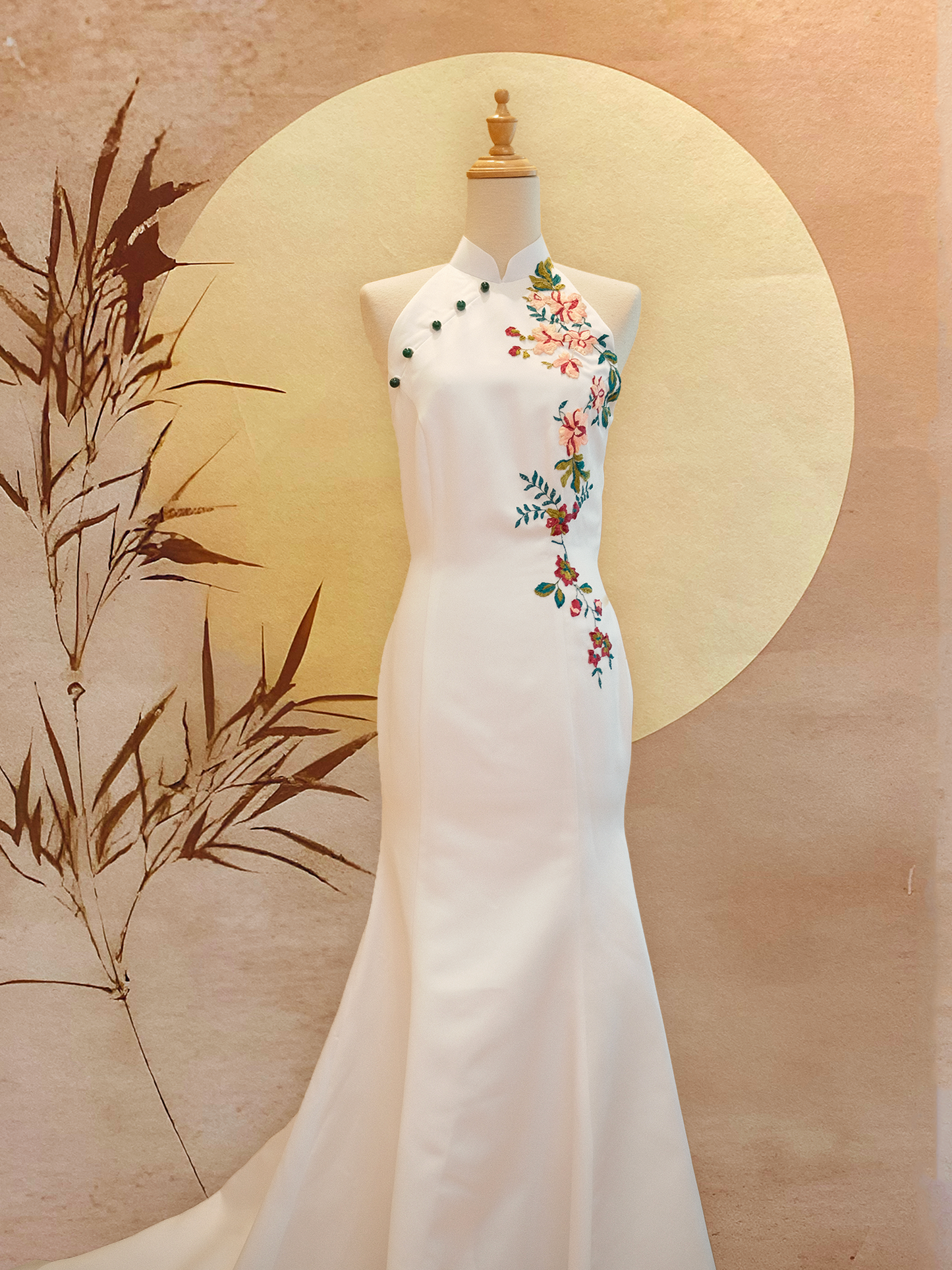 White Duchess Satin Mermaid-cut Dress with Red Floral Applique