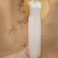 White Duchess Satin Cheongsam with Shoulder Mesh and Lace Train