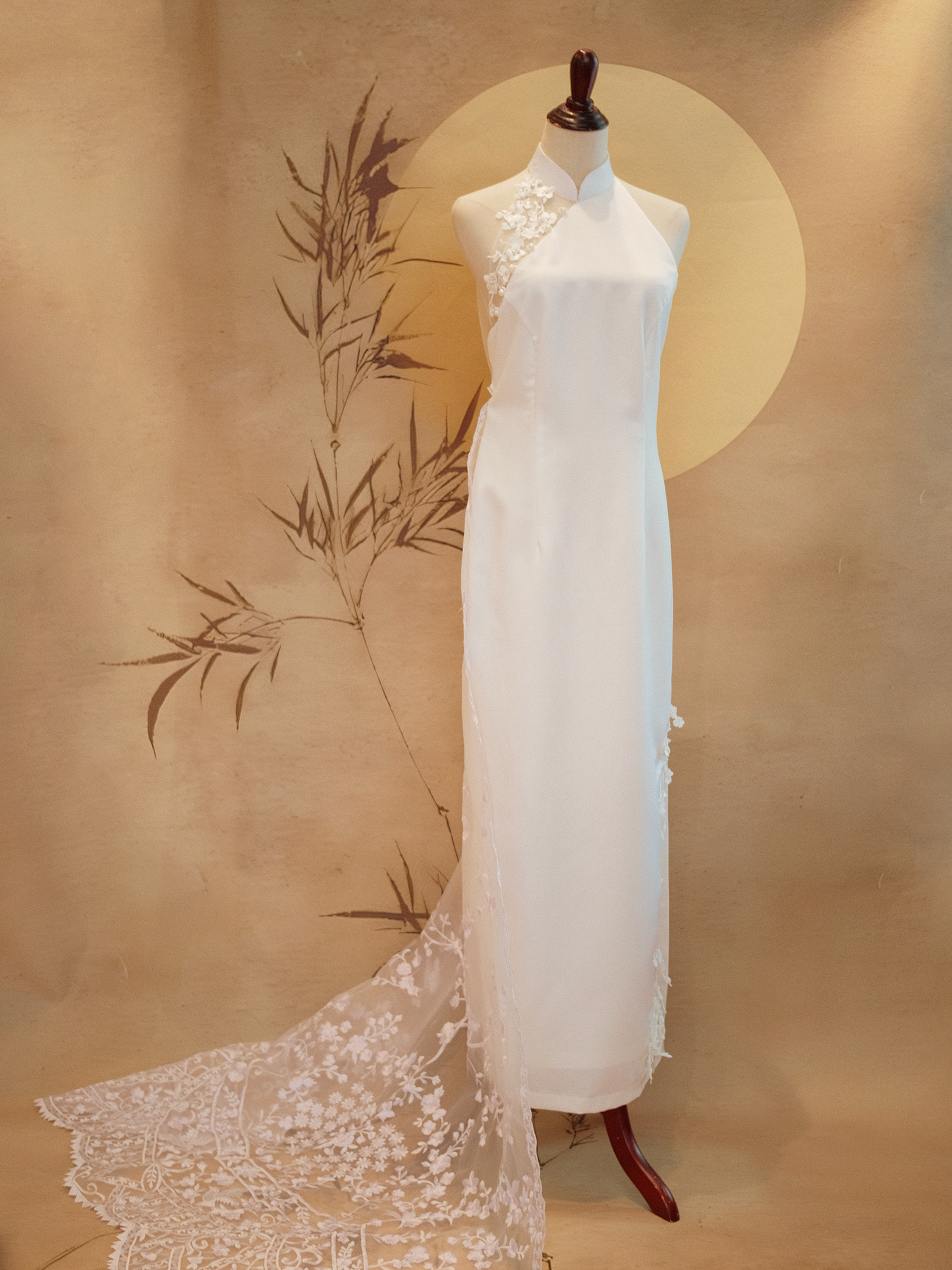 White Duchess Satin Cheongsam with Shoulder Mesh and Lace Train